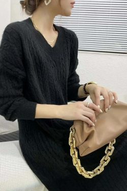 Vintage Elegant V-Neck Knitted Sweater Dress - Y2K & 90S Fashion, Grunge, Retro, Pastel Goth