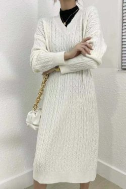 Vintage Elegant V-Neck Knitted Sweater Dress - Y2K & 90S Fashion, Grunge, Retro, Pastel Goth