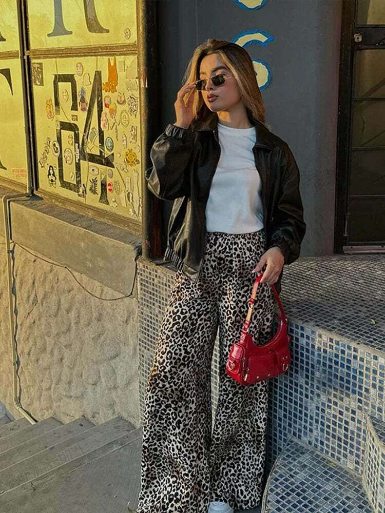 Vintage Leopard Print Wide Leg Pants - Y2K Summer Grunge 90S Fashion Retro Streetwear
