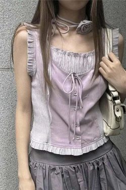 Vintage Y2K Summer Ruffle Patchwork Tank Top - 90S Grunge Harajuku Sleeveless Slim Fit