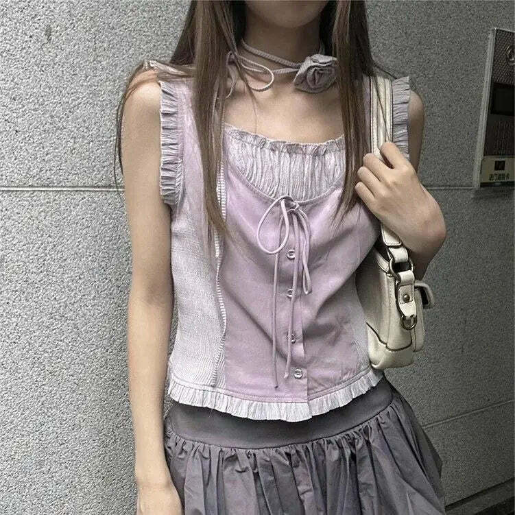 Vintage Y2K Summer Ruffle Patchwork Tank Top - 90S Grunge Harajuku Sleeveless Slim Fit Vintage Y2K Summer Ruffle Patchwork Tank Top - 90S Grunge Harajuku Sleeveless Slim Fit