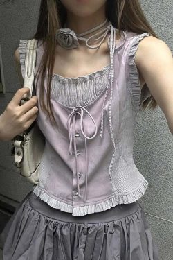 Vintage Y2K Summer Ruffle Patchwork Tank Top - 90S Grunge Harajuku Sleeveless Slim Fit
