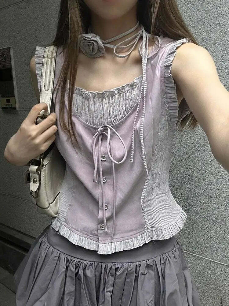 Vintage Y2K Summer Ruffle Patchwork Tank Top - 90S Grunge Harajuku Sleeveless Slim Fit Vintage Y2K Summer Ruffle Patchwork Tank Top - 90S Grunge Harajuku Sleeveless Slim Fit