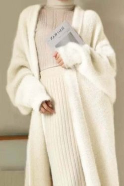 White Long Cardigan - Y2K Grunge, 90S Retro, Knitted Fluffy Cashmere Sweater Coat, Vintage Style
