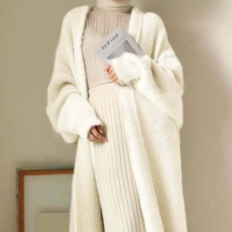 White Long Cardigan - Y2K Grunge, 90S Retro, Knitted Fluffy Cashmere Sweater Coat, Vintage Style White Long Cardigan - Y2K Grunge, 90S Retro, Knitted Fluffy Cashmere Sweater Coat, Vintage Style