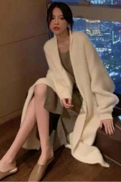 White Long Cardigan - Y2K Grunge, 90S Retro, Knitted Fluffy Cashmere Sweater Coat, Vintage Style
