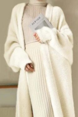 White Long Cardigan - Y2K Grunge, 90S Retro, Knitted Fluffy Cashmere Sweater Coat, Vintage Style