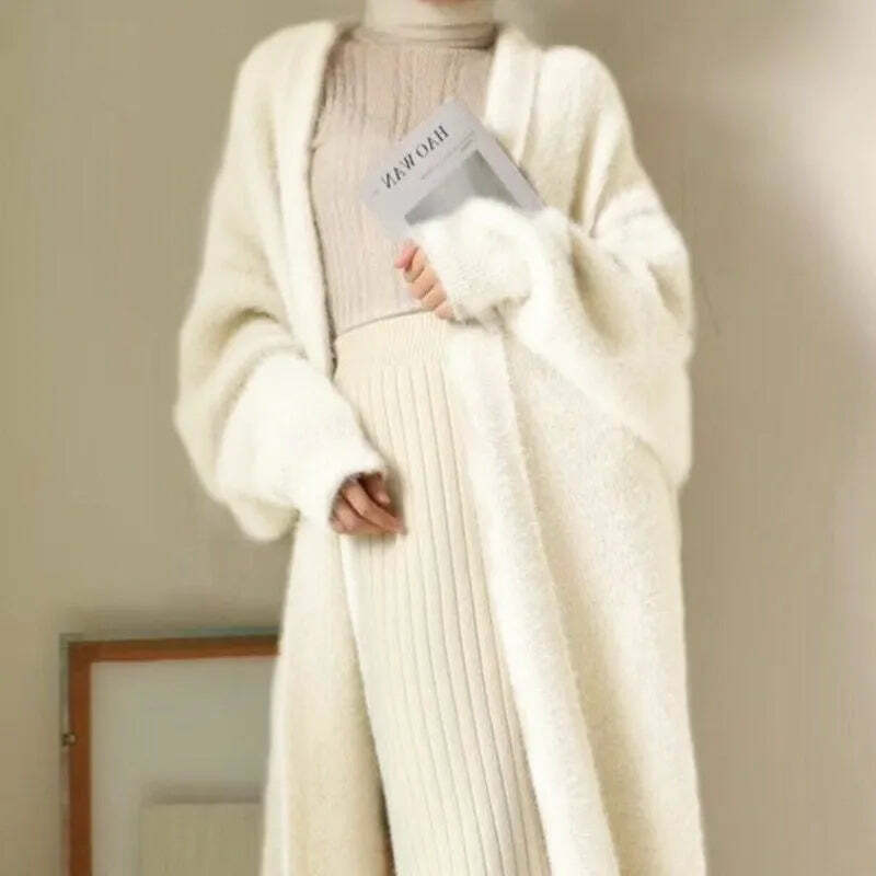 White Long Cardigan - Y2K Grunge, 90S Retro, Knitted Fluffy Cashmere Sweater Coat, Vintage Style White Long Cardigan - Y2K Grunge, 90S Retro, Knitted Fluffy Cashmere Sweater Coat, Vintage Style