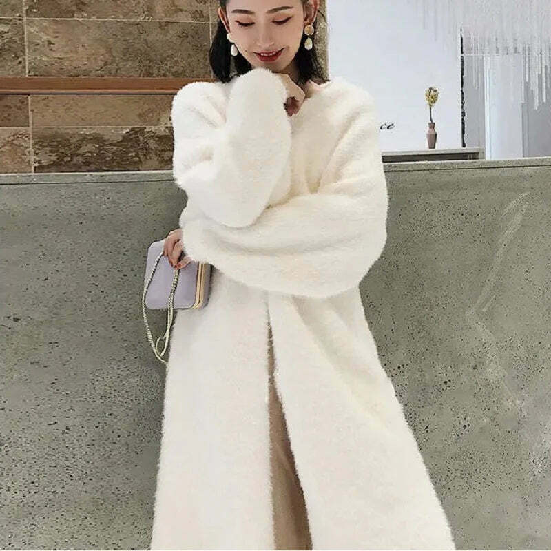 White Long Cardigan - Y2K Grunge, 90S Retro, Knitted Fluffy Cashmere Sweater Coat, Vintage Style White Long Cardigan - Y2K Grunge, 90S Retro, Knitted Fluffy Cashmere Sweater Coat, Vintage Style