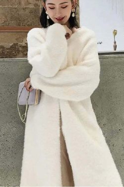 White Long Cardigan - Y2K Grunge, 90S Retro, Knitted Fluffy Cashmere Sweater Coat, Vintage Style