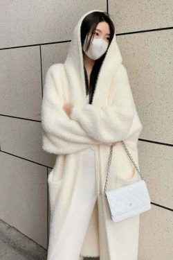 White Long Cardigan - Y2K Grunge, 90S Retro, Knitted Fluffy Cashmere Sweater Coat, Vintage Style