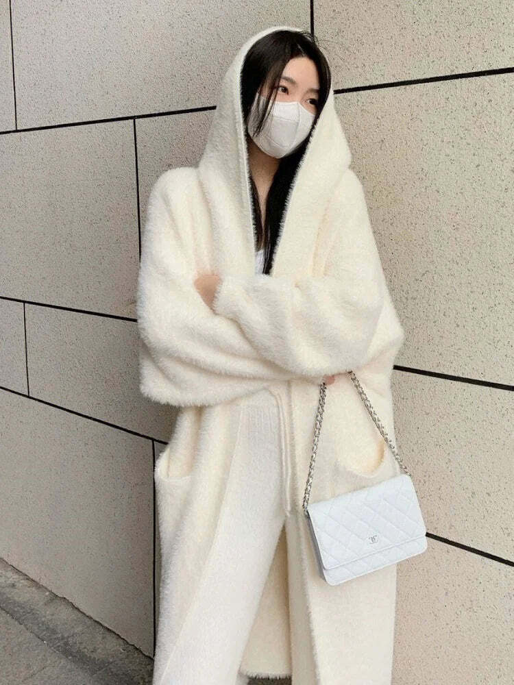 White Long Cardigan - Y2K Grunge, 90S Retro, Knitted Fluffy Cashmere Sweater Coat, Vintage Style White Long Cardigan - Y2K Grunge, 90S Retro, Knitted Fluffy Cashmere Sweater Coat, Vintage Style