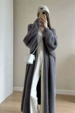White Long Cardigan - Y2K Grunge, 90S Retro, Knitted Fluffy Cashmere Sweater Coat, Vintage Style