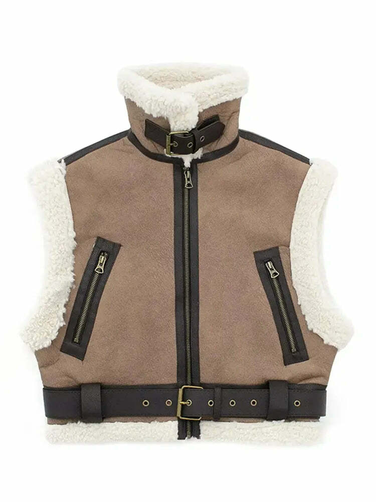 Winter Women Y2K Faux Fur Patchwork Bomber Jacket - 90S Grunge Cropped Zip-Up Fleece Coat Winter Women Y2K Faux Fur Patchwork Bomber Jacket - 90S Grunge Cropped Zip-Up Fleece Coat