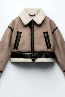 Winter Women Y2K Faux Fur Patchwork Bomber Jacket - 90S Grunge Cropped Zip-Up Fleece Coat
