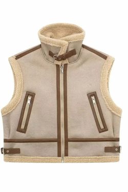 Winter Women Y2K Faux Fur Patchwork Bomber Jacket - 90S Grunge Cropped Zip-Up Fleece Coat