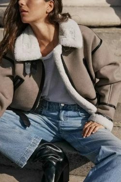 Winter Women Y2K Faux Fur Patchwork Bomber Jacket - 90S Grunge Cropped Zip-Up Fleece Coat