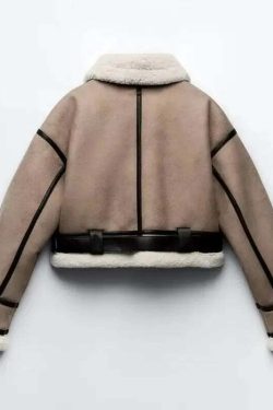 Winter Women Y2K Faux Fur Patchwork Bomber Jacket - 90S Grunge Cropped Zip-Up Fleece Coat