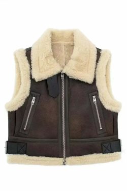 Winter Women Y2K Faux Fur Patchwork Bomber Jacket - 90S Grunge Cropped Zip-Up Fleece Coat
