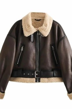 Winter Women Y2K Faux Fur Patchwork Bomber Jacket - 90S Grunge Cropped Zip-Up Fleece Coat