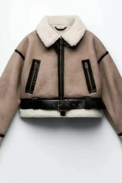 Winter Women Y2K Faux Fur Patchwork Bomber Jacket - 90S Grunge Cropped Zip-Up Fleece Coat