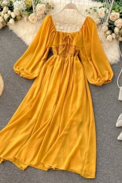 Woherb Y2K Summer Maxi Dress - Square Collar, Puff Sleeve, Vintage Chiffon Ruffle, 90S Grunge Style