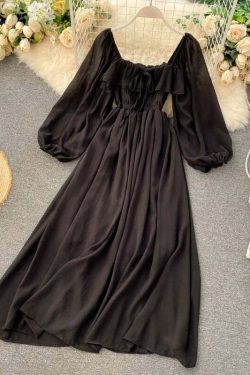 Woherb Y2K Summer Maxi Dress - Square Collar, Puff Sleeve, Vintage Chiffon Ruffle, 90S Grunge Style