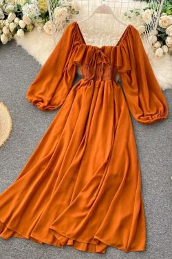 Woherb Y2K Summer Maxi Dress - Square Collar, Puff Sleeve, Vintage Chiffon Ruffle, 90S Grunge Style