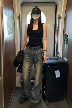 Y2K 00S Harajuku High Waist Flared Jeans - Vintage Streetwear Slim Fit Denim Trousers