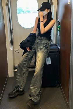 Y2K 00S Harajuku High Waist Flared Jeans - Vintage Streetwear Slim Fit Denim Trousers