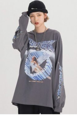 Y2K Angel Print Sweatshirt - Retro 90S Grunge, Summer Y2K Outfits, Pastel Goth Fashion