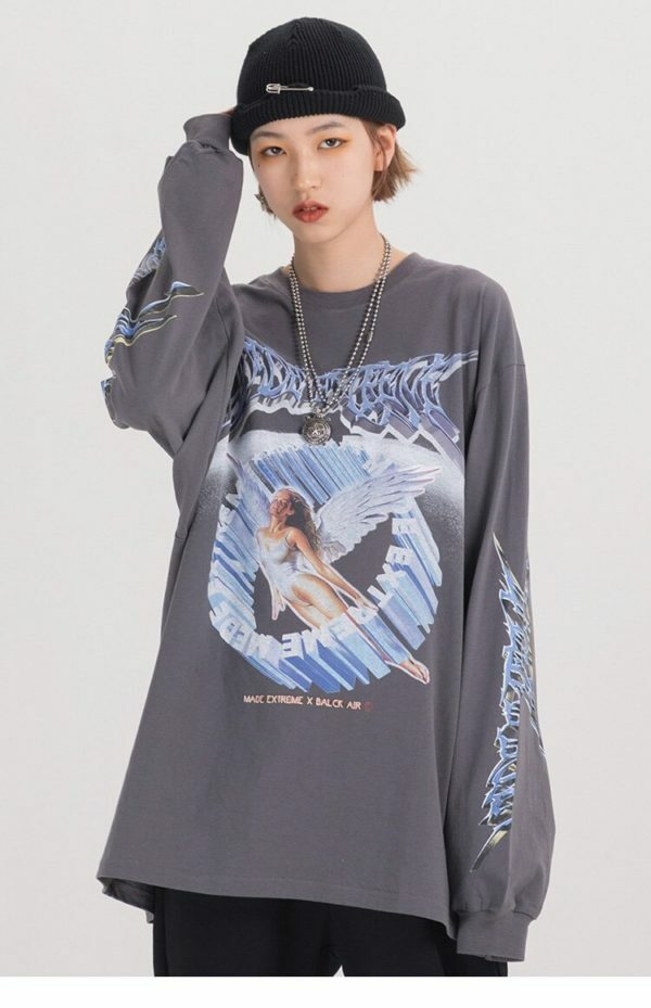 Y2K Angel Print Sweatshirt - Retro 90S Grunge, Summer Y2K Outfits, Pastel Goth Fashion