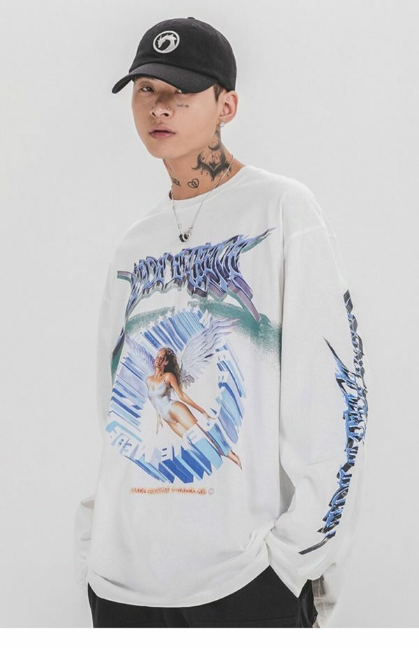 Y2K Angel Print Sweatshirt - Retro 90S Grunge, Summer Y2K Outfits, Pastel Goth Fashion