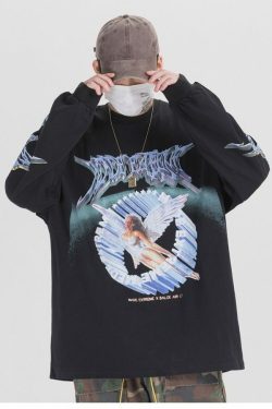 Y2K Angel Print Sweatshirt - Retro 90S Grunge, Summer Y2K Outfits, Pastel Goth Fashion