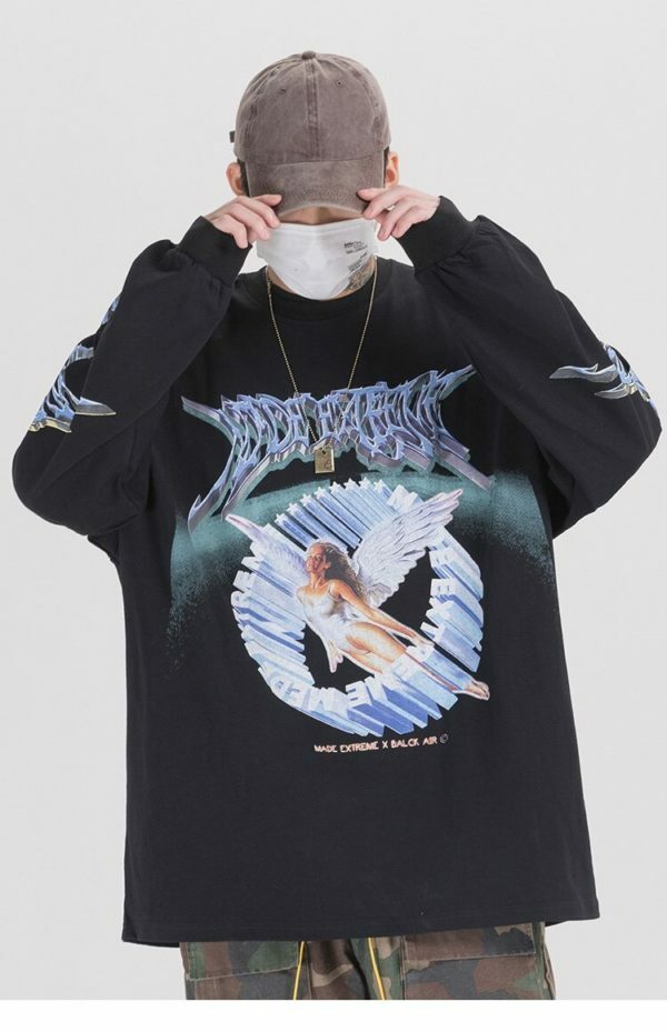 Y2K Angel Print Sweatshirt - Retro 90S Grunge, Summer Y2K Outfits, Pastel Goth Fashion