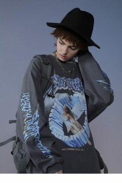 Y2K Angel Print Sweatshirt - Retro 90S Grunge, Summer Y2K Outfits, Pastel Goth Fashion