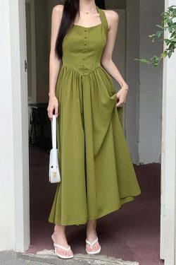 Y2K Avocado Green Long Skirt - Elegant Spring Festival Dress, Retro 90S Grunge Fashion