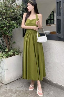 Y2K Avocado Green Long Skirt - Elegant Spring Festival Dress, Retro 90S Grunge Fashion