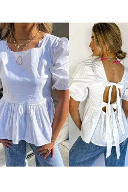 Y2K Backless Short Sleeve Top - Casual Lace-Up Grunge Streetwear, 90S Summer Chic Fashion
