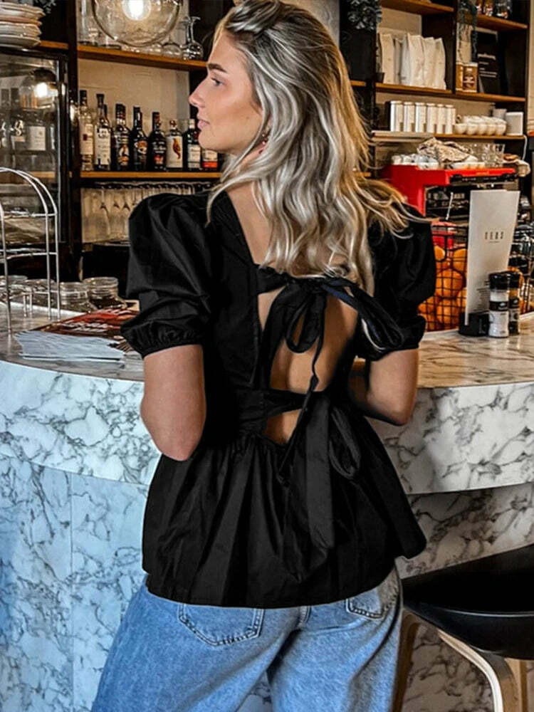 Y2K Backless Short Sleeve Top - Casual Lace-Up Grunge Streetwear, 90S Summer Chic Fashion