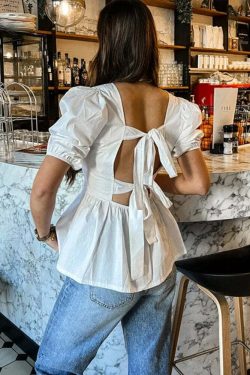 Y2K Backless Short Sleeve Top - Casual Lace-Up Grunge Streetwear, 90S Summer Chic Fashion