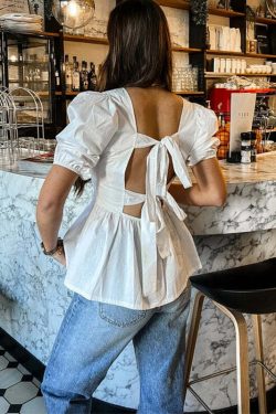 Y2K Backless Short Sleeve Top - Casual Lace-Up Grunge Streetwear, 90S Summer Chic Fashion