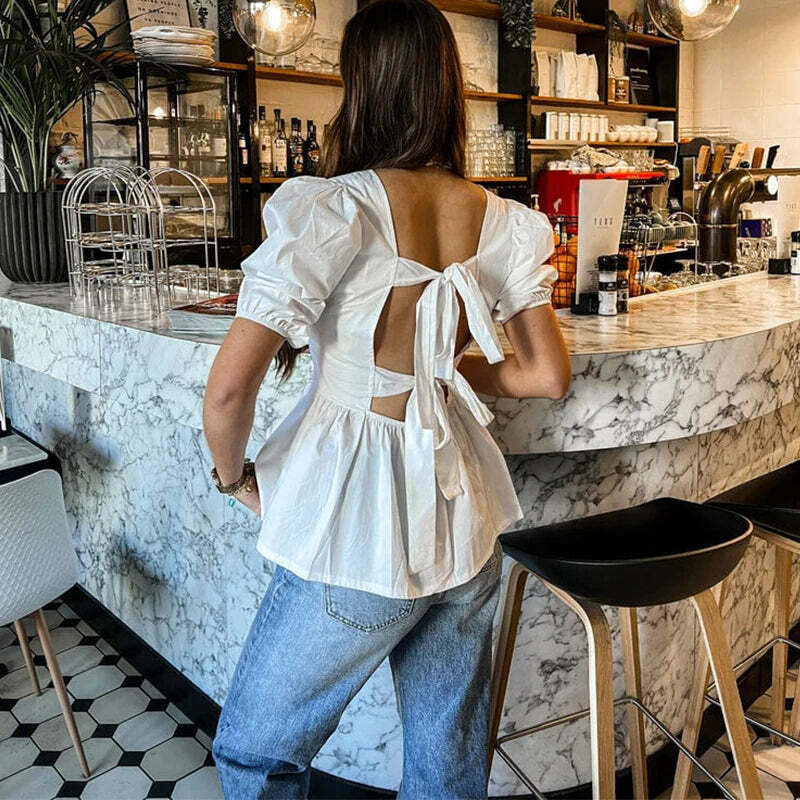 Y2K Backless Short Sleeve Top - Casual Lace-Up Grunge Streetwear, 90S Summer Chic Fashion