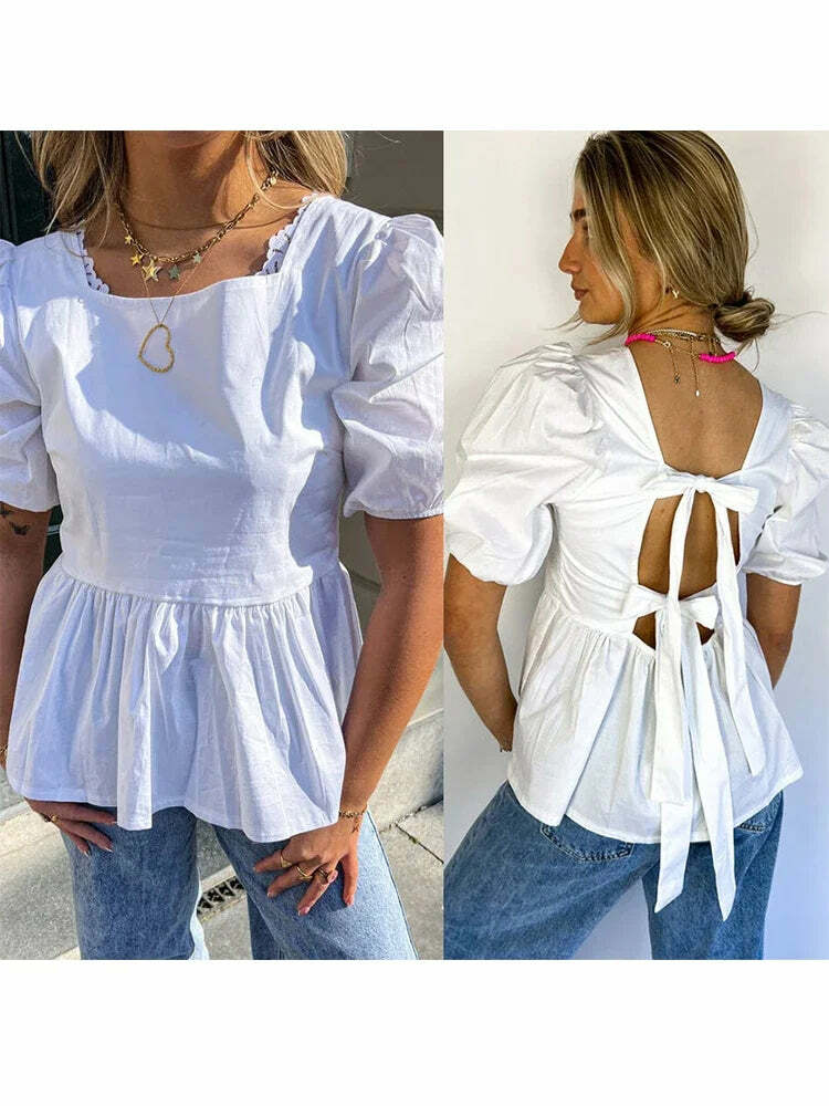 Y2K Backless Short Sleeve Top - Casual Lace-Up Grunge Streetwear, 90S Summer Chic Fashion