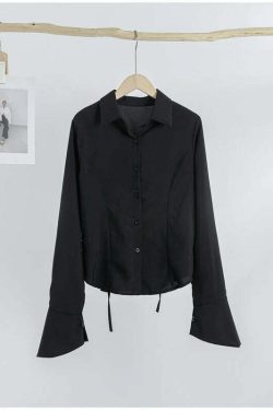 Y2K Bandage Shirts For Women - Slim Chic Lace-Up Lapel Tops, Flare Sleeve Casual Streetwear