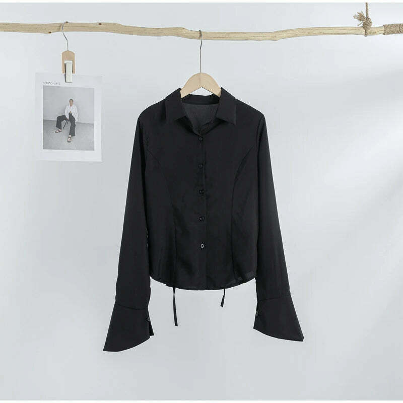 Y2K Bandage Shirts For Women - Slim Chic Lace-Up Lapel Tops, Flare Sleeve Casual Streetwear Y2K Bandage Shirts For Women - Slim Chic Lace-Up Lapel Tops, Flare Sleeve Casual Streetwear