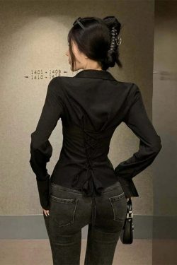 Y2K Bandage Shirts For Women - Slim Chic Lace-Up Lapel Tops, Flare Sleeve Casual Streetwear