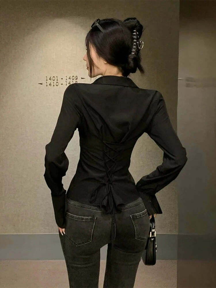 Y2K Bandage Shirts For Women - Slim Chic Lace-Up Lapel Tops, Flare Sleeve Casual Streetwear Y2K Bandage Shirts For Women - Slim Chic Lace-Up Lapel Tops, Flare Sleeve Casual Streetwear