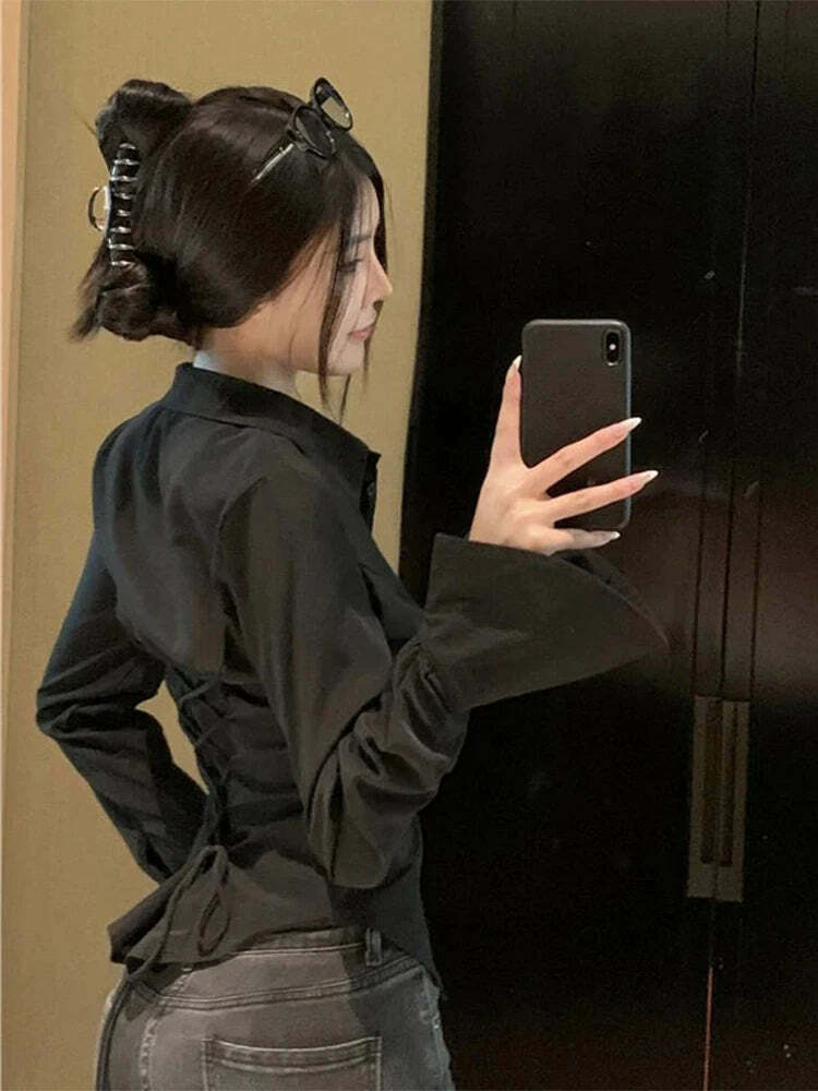 Y2K Bandage Shirts For Women - Slim Chic Lace-Up Lapel Tops, Flare Sleeve Casual Streetwear Y2K Bandage Shirts For Women - Slim Chic Lace-Up Lapel Tops, Flare Sleeve Casual Streetwear