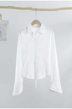 Y2K Bandage Shirts For Women - Slim Chic Lace-Up Lapel Tops, Flare Sleeve Casual Streetwear